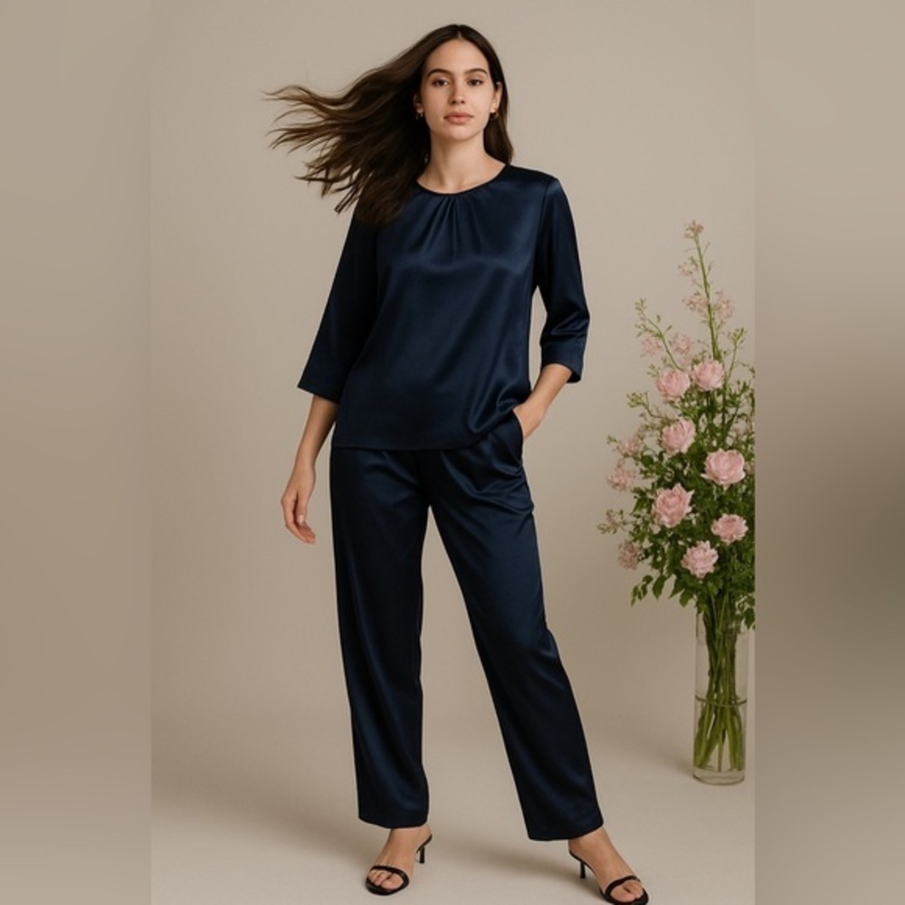 Real silk life navy chic 100% mulberry silk pajama set size L 05